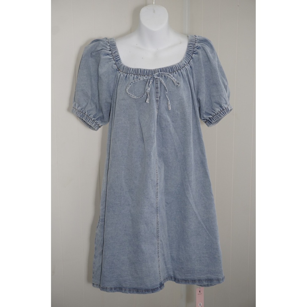 Poliro Size L Blue Denim Cotton Blend Puff Sleeve Dress